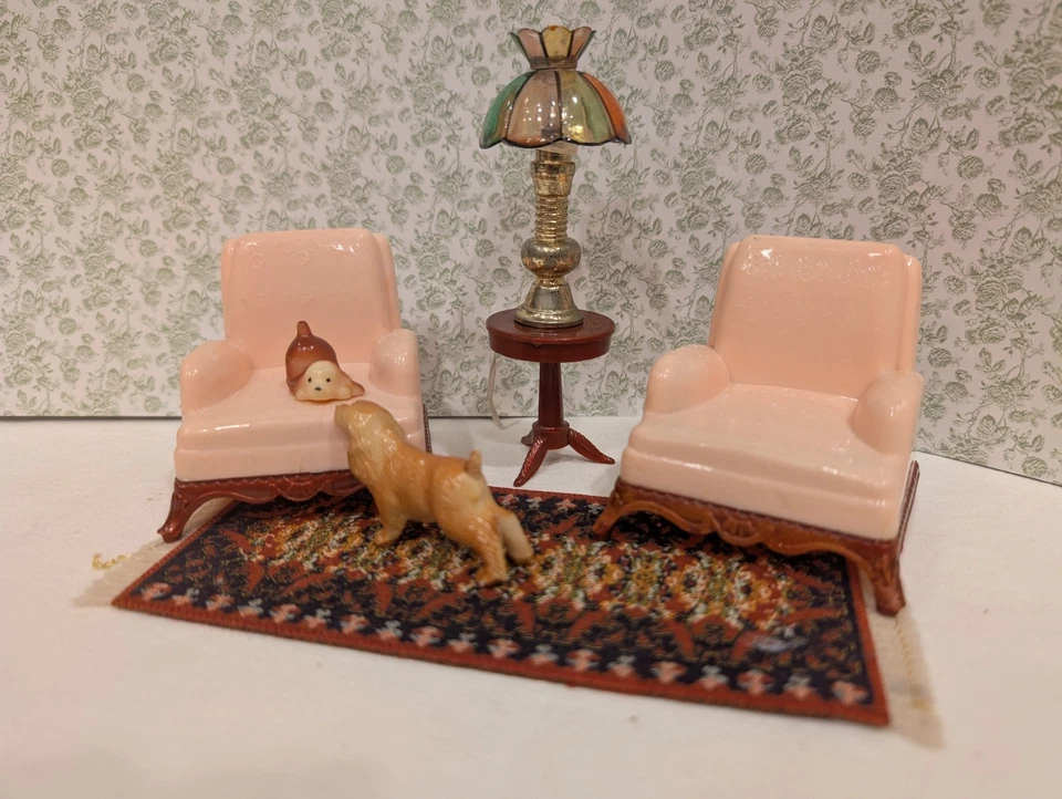 Renwal 3 Pc Living Room Set w/Tiffany Lamp Vintage Dollhouse Furniture Marx 1:16 - Image 2 of 4