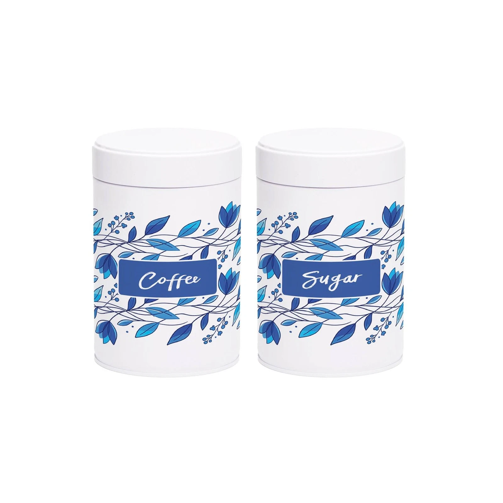 Blue Petals Coffee & Sugar Canisters - Metal Screw Top Kitchen Storage Gift