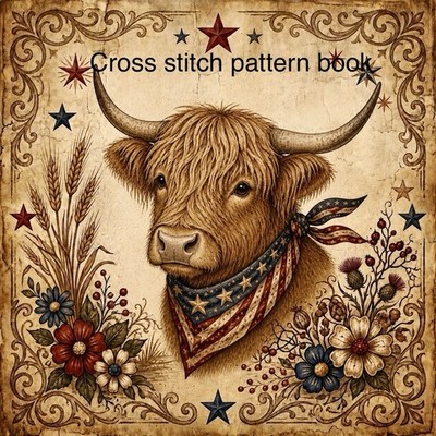TSF-1 Patriotic Highland Cow, counted cross stitch pattern booklet