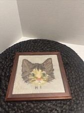 Vintage Needlepoint Kitty Cat W/Pink Nose Wood Framed Art, Says Hi