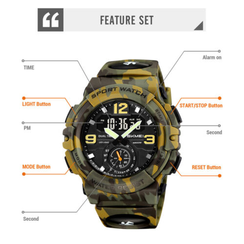SKMEI Herren Sportuhr Camouflage Armbanduhr Mode Dual Time Digital LED Uhr - Bild 15 von 28