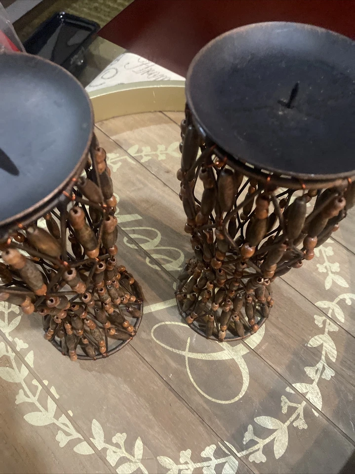 (2) Fio de cobre de ferro forjado contas de madeira castiçal peça central - Imagem 2 de 4