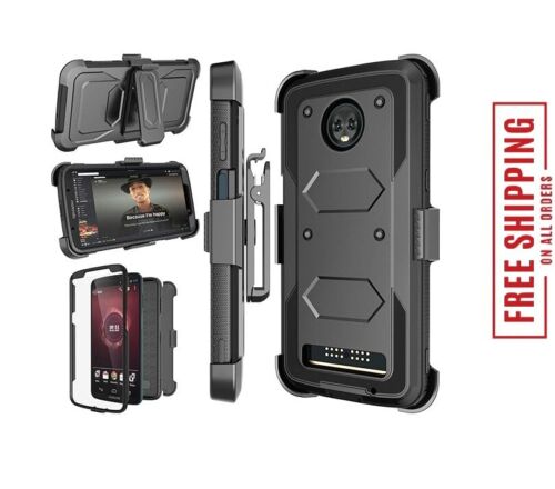 For Motorola Moto Z3 / Moto Z3 Play Case Full Body Heavy Duty Kickstand Black