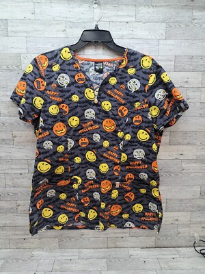 Scrub Top Cartoon Halloween Mummy Pumpkin Emoji Smiley Face  Med- Lg READ