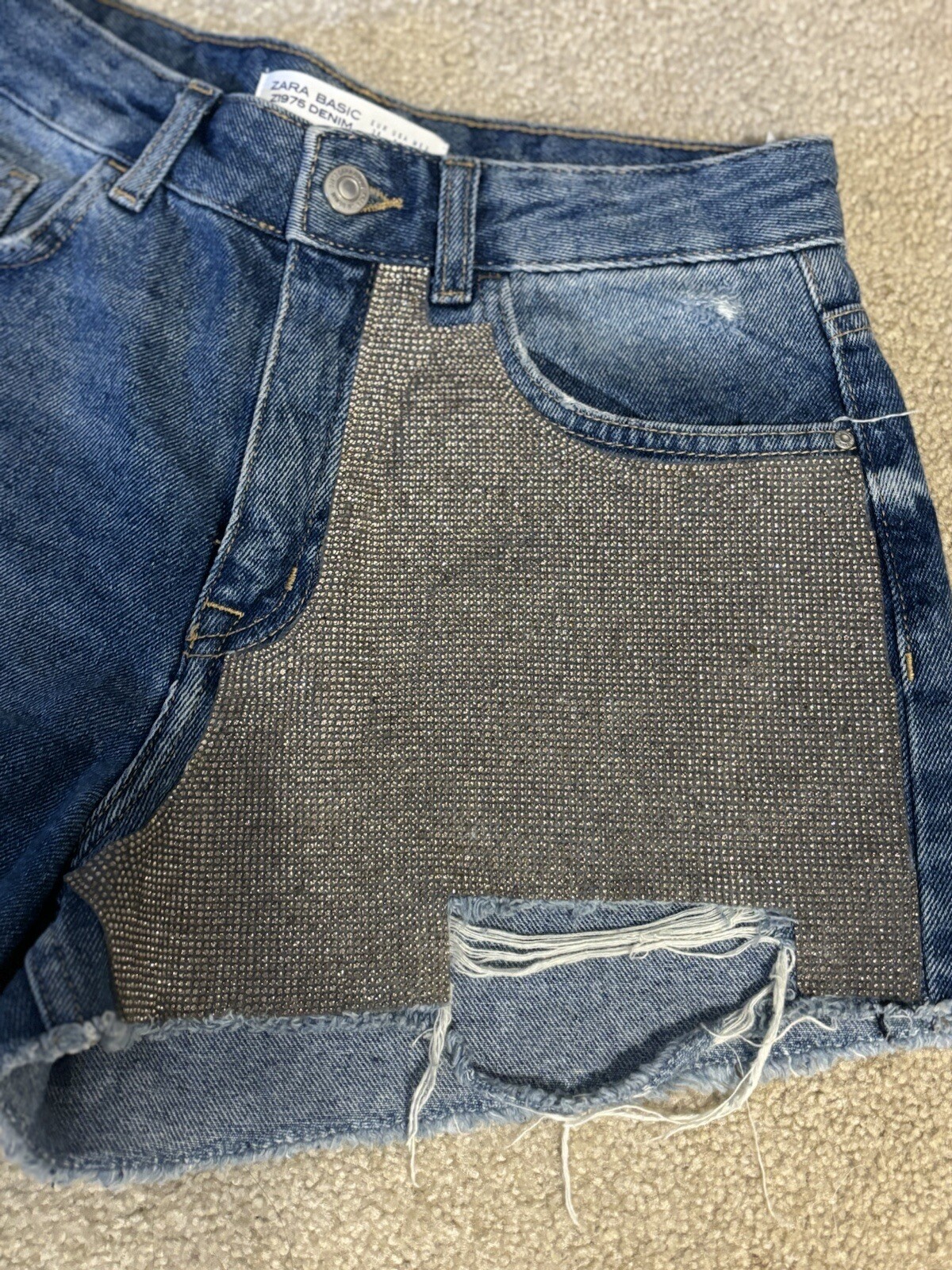 Zara Basic Denim shorts Sequin Beaded Details Siz… - image 2
