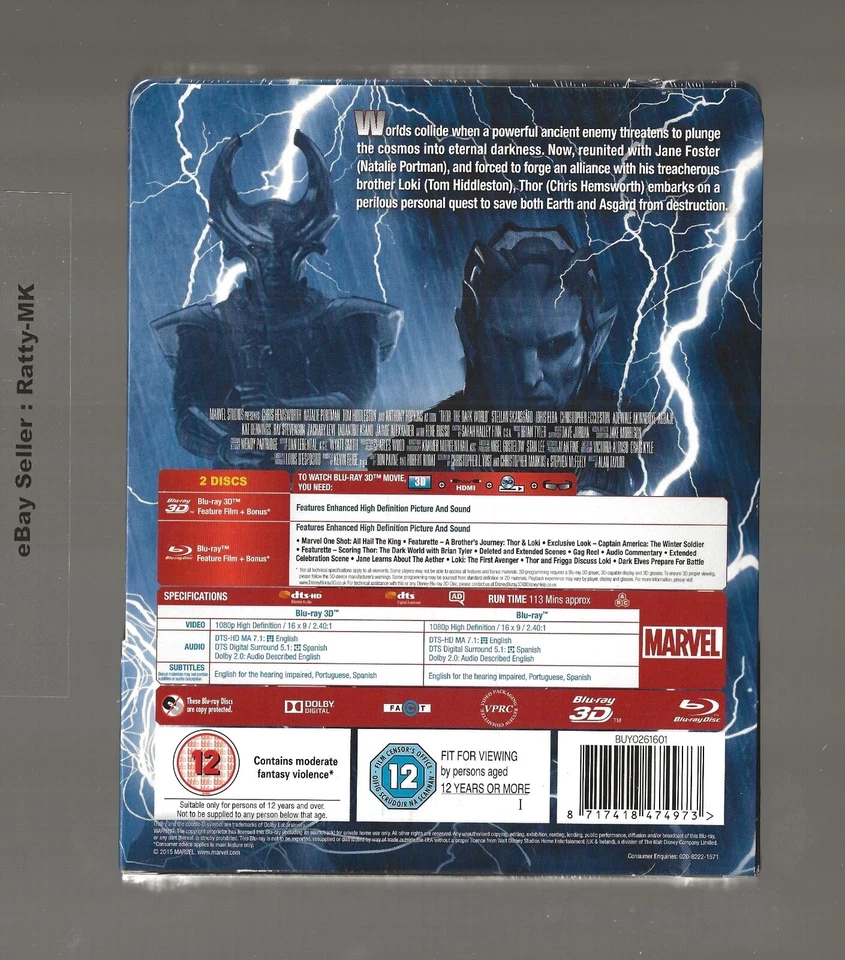 THOR THE DARK WORLD - UK LENTICULAR 3D + 2D BLU RAY STEELBOOK - NEW (LOOSE DISC) - Image 2 of 3