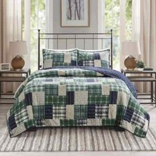 COZY COUNTRY PLAID BLUE NAVY GREEN BEIGE RUSTIC BEIGE LOG CABIN LODGE QUILT SET