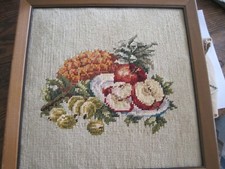 VTG Finished and WOOD Framed Needlepoint -FRUIT CLUSTER-13.5" X 13.5"