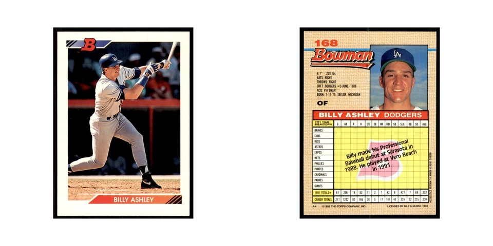 1992 Bowman Billy Ashley Baseball Cards #168 - Image 3 of 3