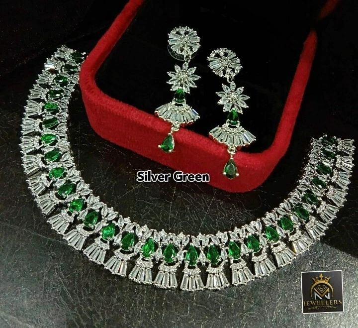 American diamond Necklace and Earrings Set With Emeralds Stones