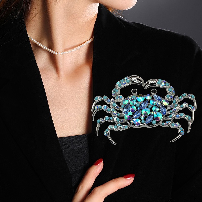Elegant Silver-Tone Crab Brooch Pin Blue Rhinestone Crystal Woman Jewelry