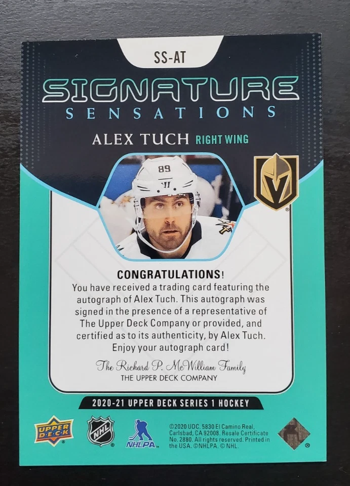 2020-21 Upper Deck Series 1 Alex Tuch Signature Sensations Auto Golden Knights - Image 2 of 2