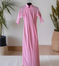 60s 70s Pink Cheongsam Qipao Dress Sheer Lace Knit Sleeve Side Slits Size S /M