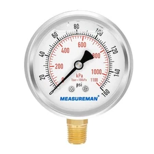MEASUREMAN 2-1/2inch Dial Size, Oil Filled Pressure Gauge, 0-160 psi 