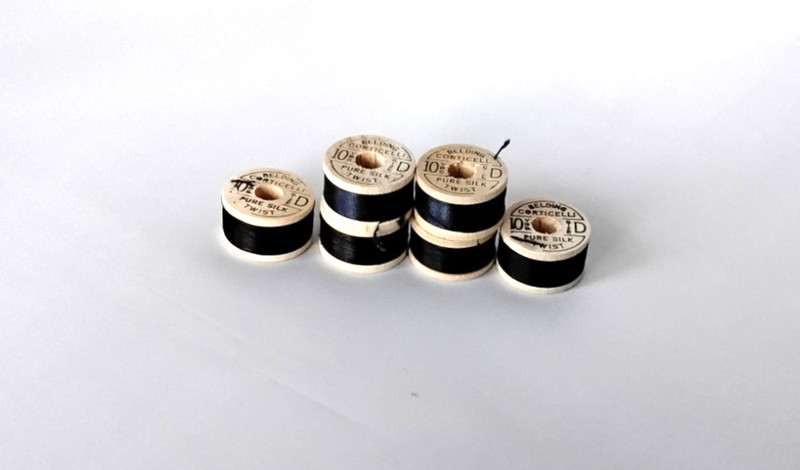 6 Belding Corticelli Pure Silk Twist 4 Black 2 Navy Buttonhole Fly Fishing Ties