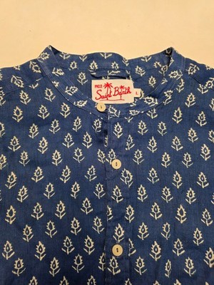 $195 New MC2 SAINT BARTH Band Collar FLORAL Shirt Men LARGE L Blue 100% LINEN