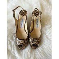 Jimmy Choo Tan and Black Snake-Print Peep-Toe Slingbacks