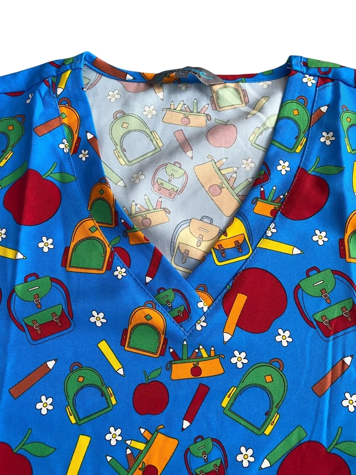 Serene Uniforms Scrub Top - School Theme w/ Apples, Backpacks & Pencils - Sz 2X - Image 2 of 4