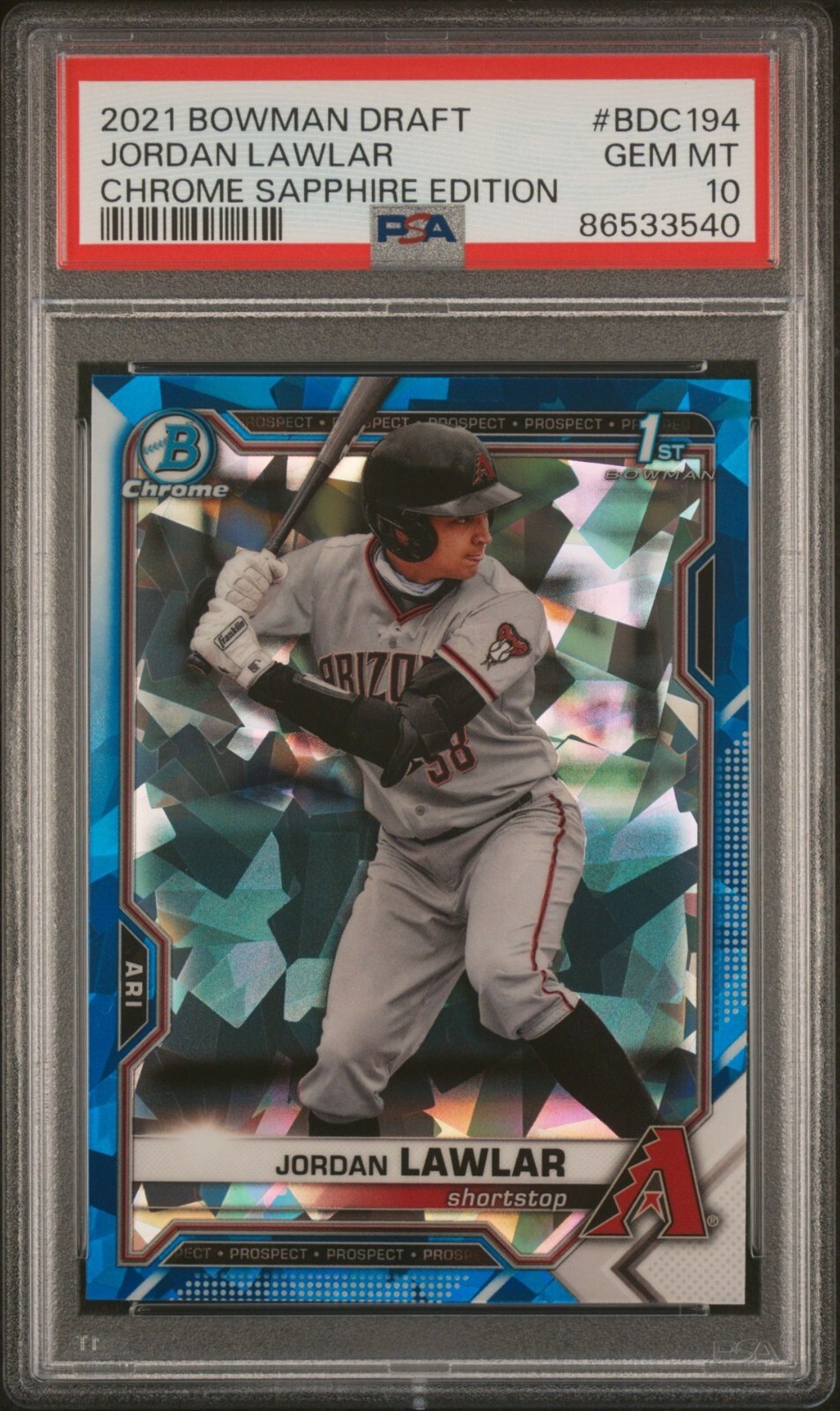Jordan Lawlar 2021 Bowman Chrome Draft Sapphire Refractor Card #BDC-194 PSA 10