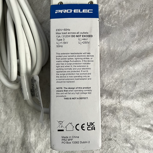 PRO ELEC PELB1526 6 Gang Extension Lead White, 2m - Imagen 4 de 4