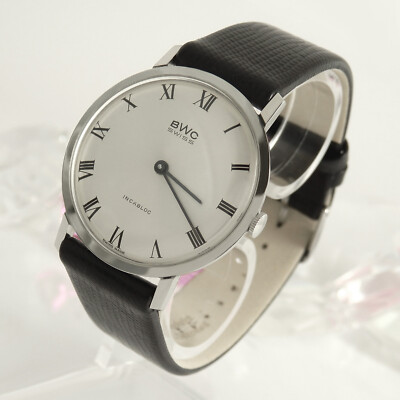 BWC flache Armbanduhr Vintage Edelstahl Lederband Handaufzug  Revision 10 / 2019