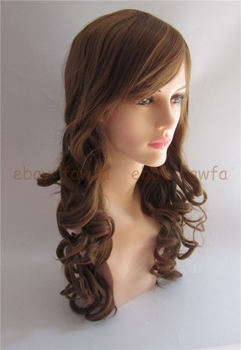 Light Brown Long Curly Wave Wig Synthetic Hair Bangs Girl Women Cosplay Full Wig - Picture 3 of 7
