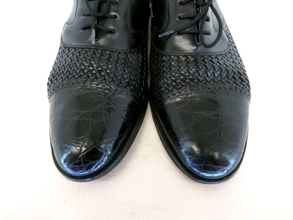 Mezlan Black Leather Crocodile Knitted Oxford Dress Shoes 