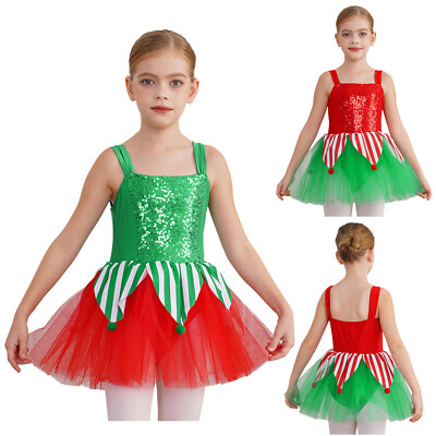Girls Christmas Sequin Tulle Tutu Ballet Leotard Dress Modern Ballroom Dancewear