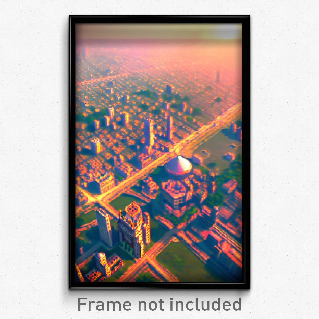 8 Bit Pixel Art Poster - Flying Indian City Psychedelic Video Game Print