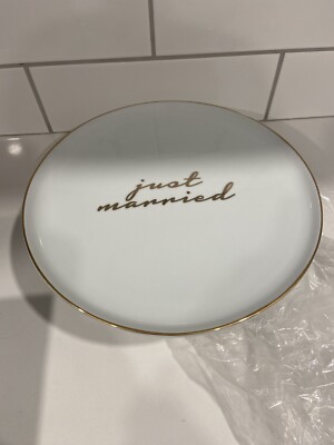 8 Oak Lane Gold Trim & Wording White Cake Stand - Wedding Shower Gift - New