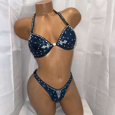 NPC competition FIGURE posing suit  TEAL  HOLOGRAM 32B  WITH  CUP SMALL