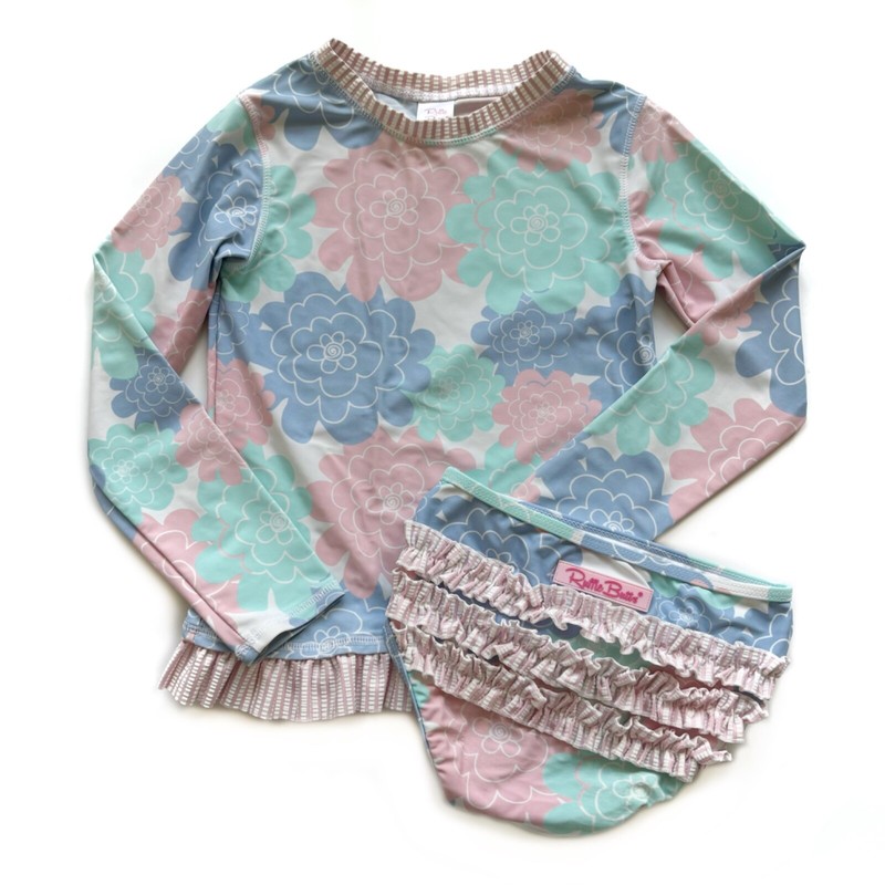 Girls 7 Ruffle Butts Swim Suit Pink Blue Floral Bikini Rash Guard Shirt