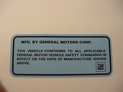 1968-76 GM Door Jamb ID Vin Number Decal Sticker Buick GS Olds