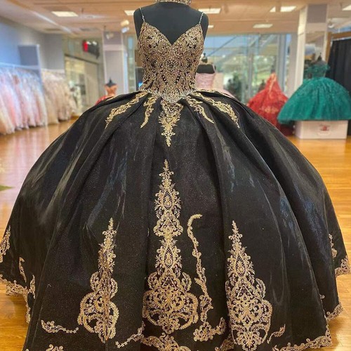 Black Beading Quinceanera Dresses Gold Sequin Applique Princess Sweet Ball  Gowns | eBay