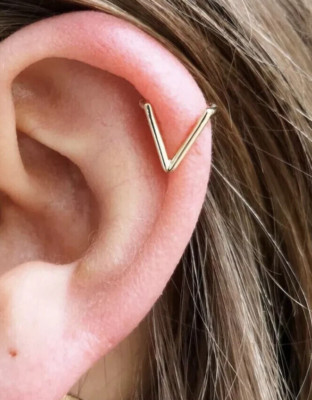 V Ring Piercing For Nose Lip Ear with Triangle 14k Yellow Solid Gold Seam Ring