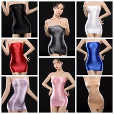 Women Semi-Sheer Lingerie Satin Shiny Bodycon Dress Tube Top Mini Dress Clubwear