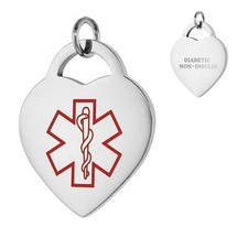 DIABETIC NON-INSULIN Stainless Steel Medical Heart Pendant, Free Bead Ball Chain