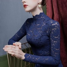 New 2025 Women Lace Long Puff Sleeve Top Stretch Solid Turtleneck Blouse Casual