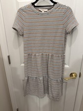 LOFT Petite XSP Striped Knit Tiered T-Shirt Dress Round Neck Short Sleeve