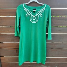 Talbots Petites Green Knit Sheath Dress White Rope Trim 3/4 Sleeve Preppy Sz Sp