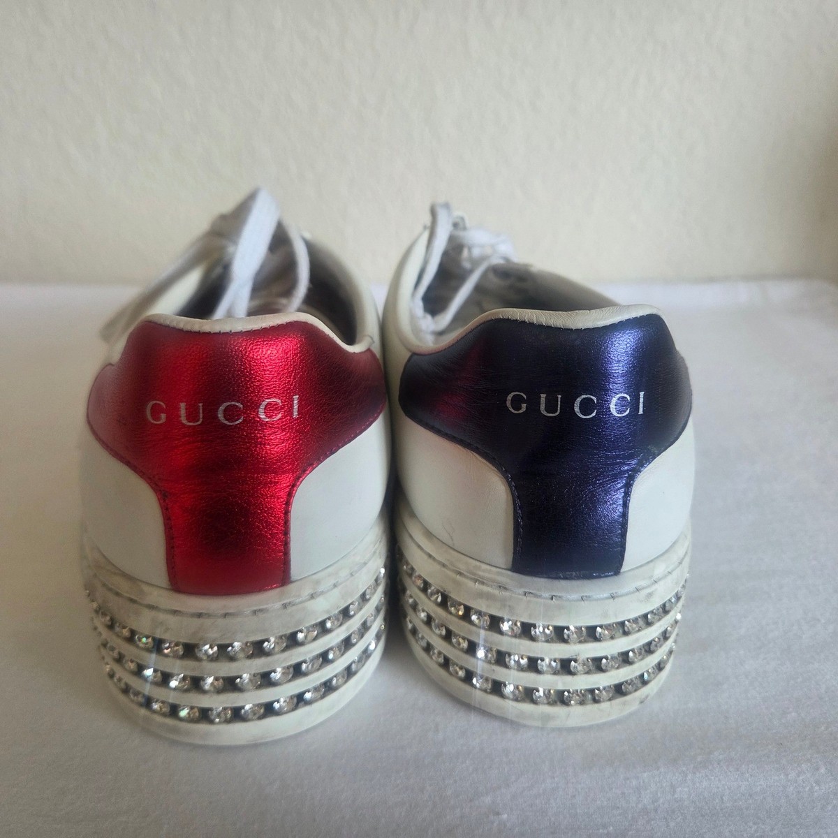 Gucci Ace Bee Crystal Platform Sneakers Wht Leather Web Stripe