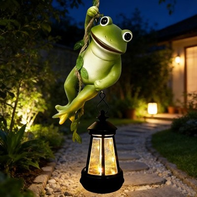 Solar Frogs Outdoor Garden Statues, Christmas Hanging Climbing Rope Frog on a...