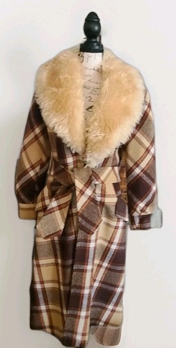 Vintage 70s Faux Fur Collored Fall Plaid Long Coat Sz 10 Gorgeous 😍 RARE FIND!