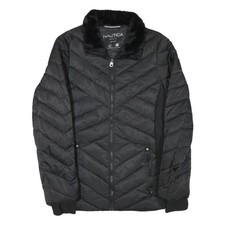 NAUTICA Womens Black Quilted Zip Jacket M Polyester Blend Fur Collar Pockets