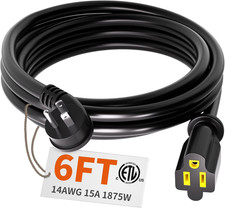 14 Gauge 6 Feet Flat Plug Extension Cord Black Indoor Outdoor, Heavy Duty 3 Pron