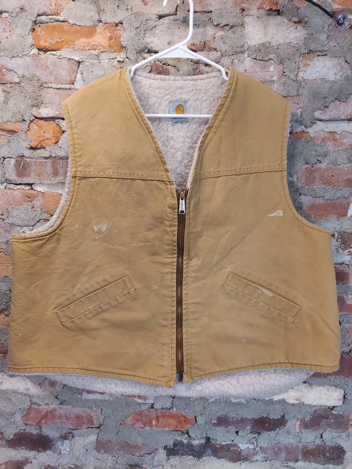 Carhartt Mens Vest Sherpa Lined Full Zip Work Duck Canvas Durable Tan