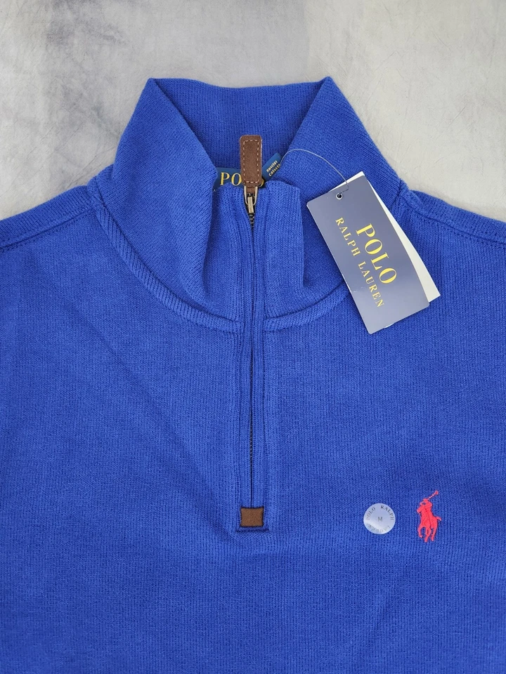 Polo Ralph Lauren Quarto Zíper Azul Vermelho Suéter Pônei Masculino Tamanho Médio Novo - Imagem 3 de 4