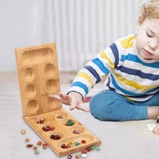 Mancala Set With Solid Wood Board and Multi Coloured Stones Playing Pieces