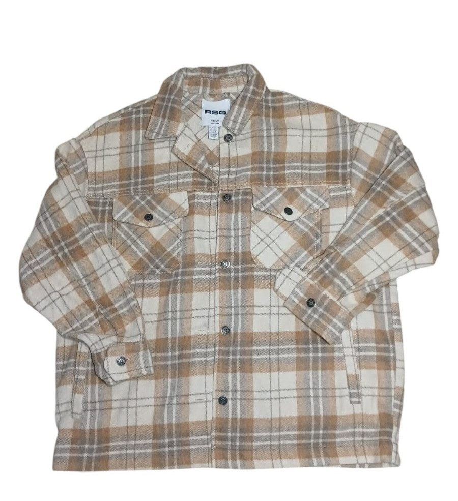RSQ Women’s Brown Beige Plaid Flannel Shacket Size Medium Long Sleeve Button Up