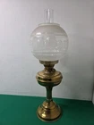 Vintage Brass Oil Lamp with Etched Glass Globe Shade & Chimney
